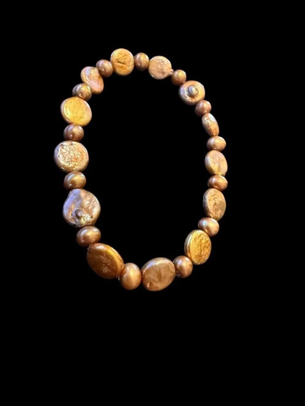 Artisan Metallic Gold Coin Pearl Stretch Bracelet Cultured Freshwater Beaded